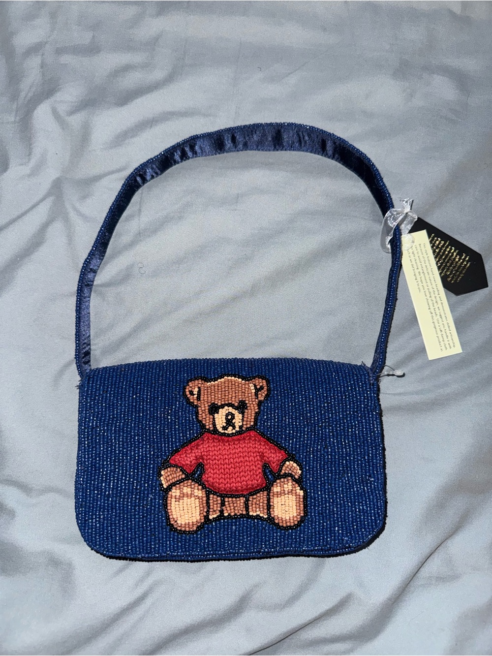 Blue Beaded Teddy Bear Shoulder Bag Handmade in India New with Tags